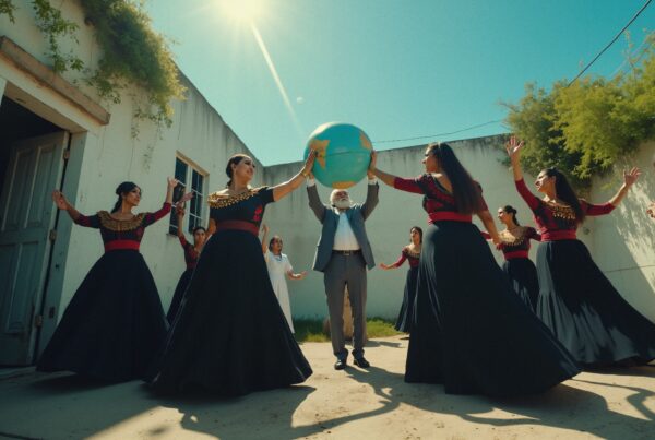 A group of dancers in traditional attire celebrate under the bright sky with a giant globe.