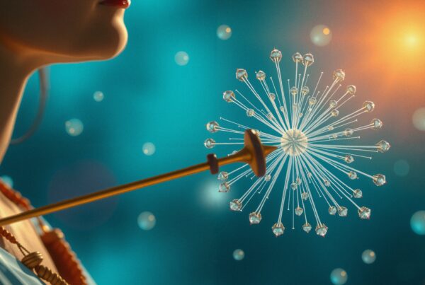 A futuristic scene of a person with a crystalline dandelion structure on a glowing teal and amber background.