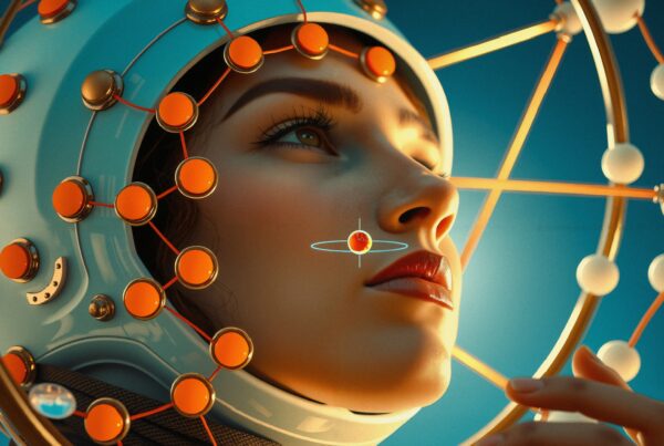 A futuristic woman wearing a high-tech neural interface helmet gazes into the distance.