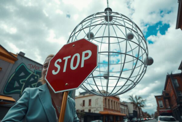 Urban street scene with a large stop sign and a metal globe sculpture in the background.