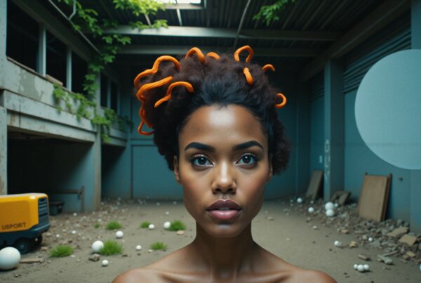Portrait of a woman with vibrant hair in an industrial setting.