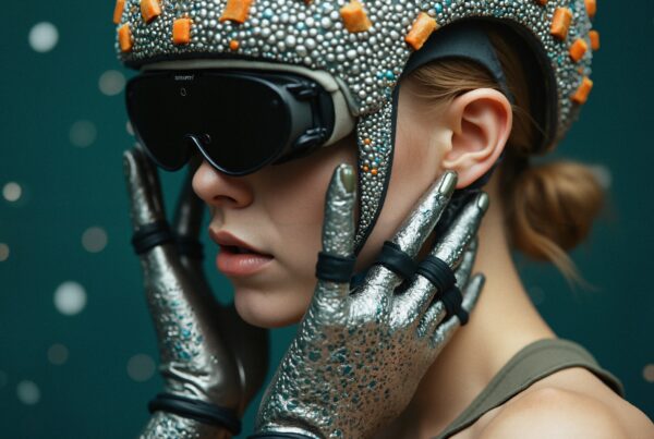 A woman in a futuristic helmet and VR goggles with metallic gloves, against a cosmic backdrop.