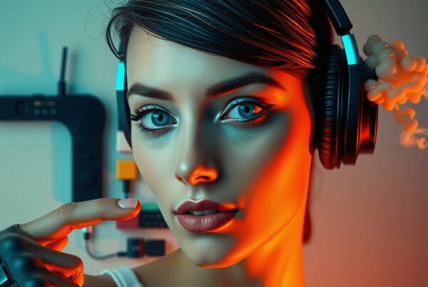 A futuristic woman wearing headphones with surreal elements in a tech-inspired setting.