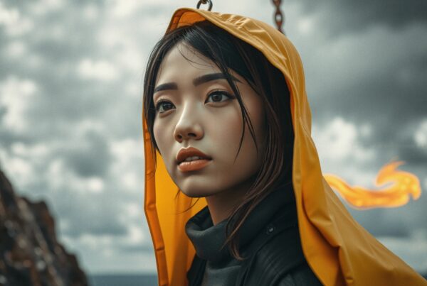 A young woman in a yellow raincoat stands against stormy skies with a fiery shape behind her.