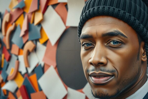 Close-up of a man in a beanie with geometric art.