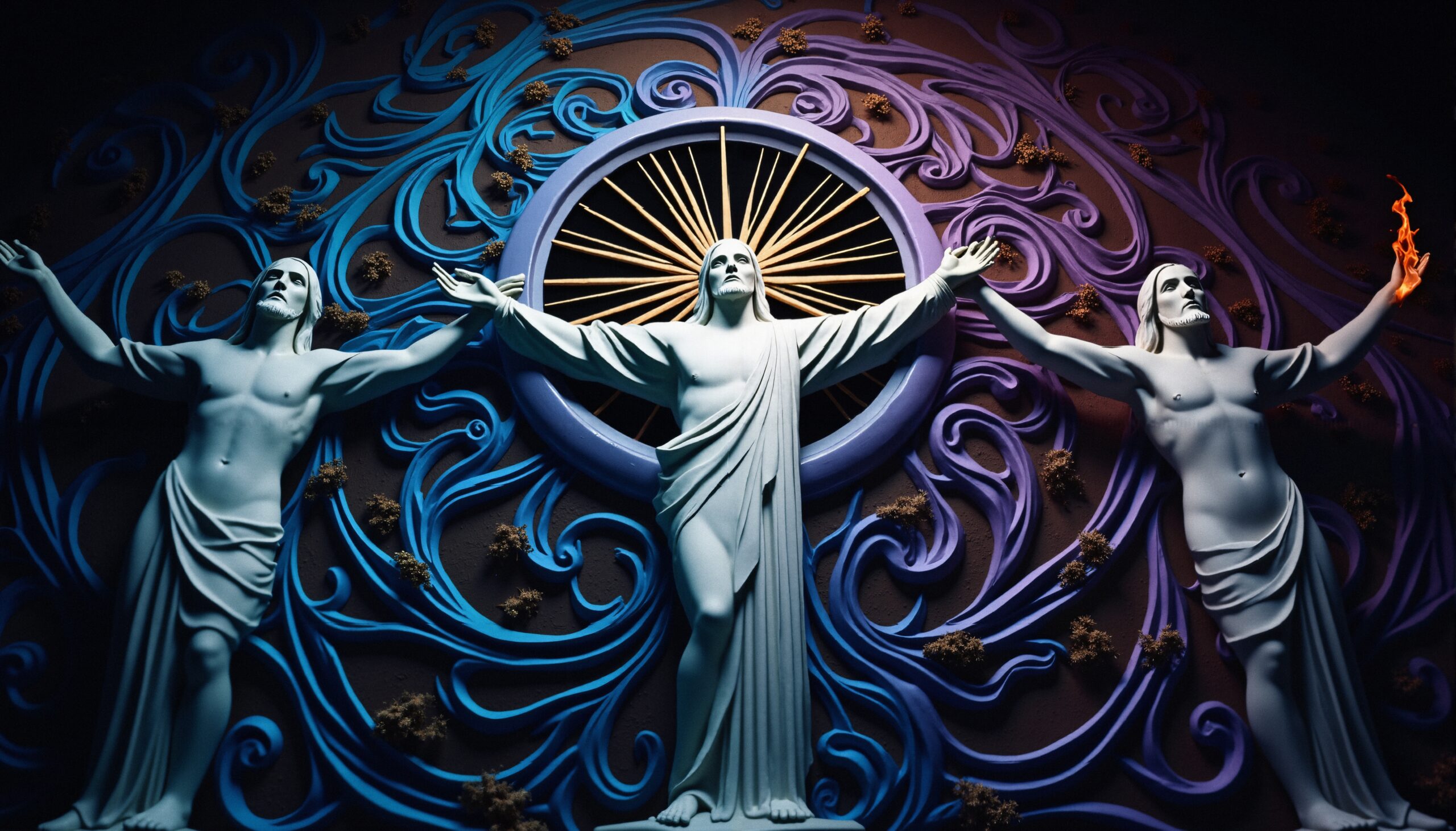 Religious Statues with Radiant Sunburst