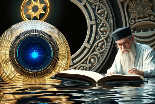 A man in traditional attire reads an ancient book surrounded by mystical symbols and reflections.