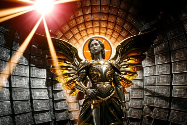 Golden armored angel guarding ancient library with winged silhouette against radiant light beams