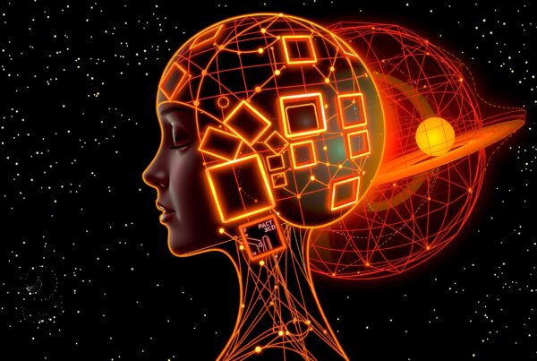 Futuristic digital human head with geometric shapes and glowing lines against a starry space background.
