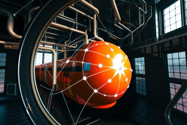 Futuristic industrial interior with orange submarine-like structure and network design.