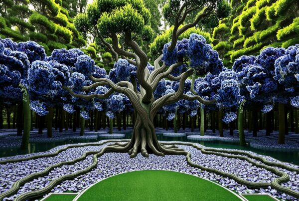 A striking surreal tree in an artistic blue and green garden landscape.