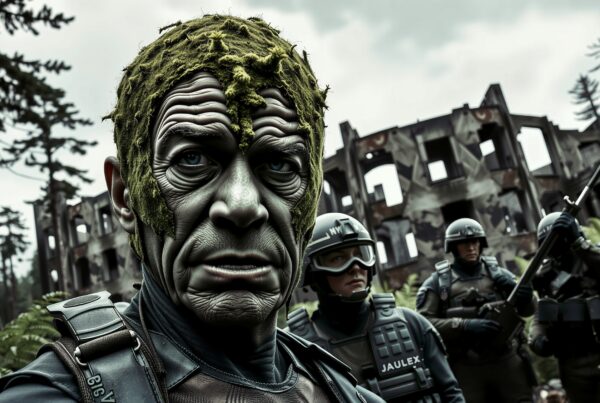 A surreal figure with mossy features stands in tactical gear amidst ruins and armed patrol.