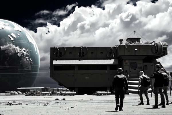 A group approaches a futuristic structure under a hovering sphere in a cloudy sky.