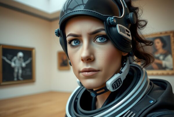 Woman in futuristic astronaut suit in art gallery.