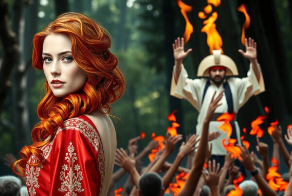 A red-haired woman in ornate attire stands before a ritualistic scene with flames and a forest backdrop.