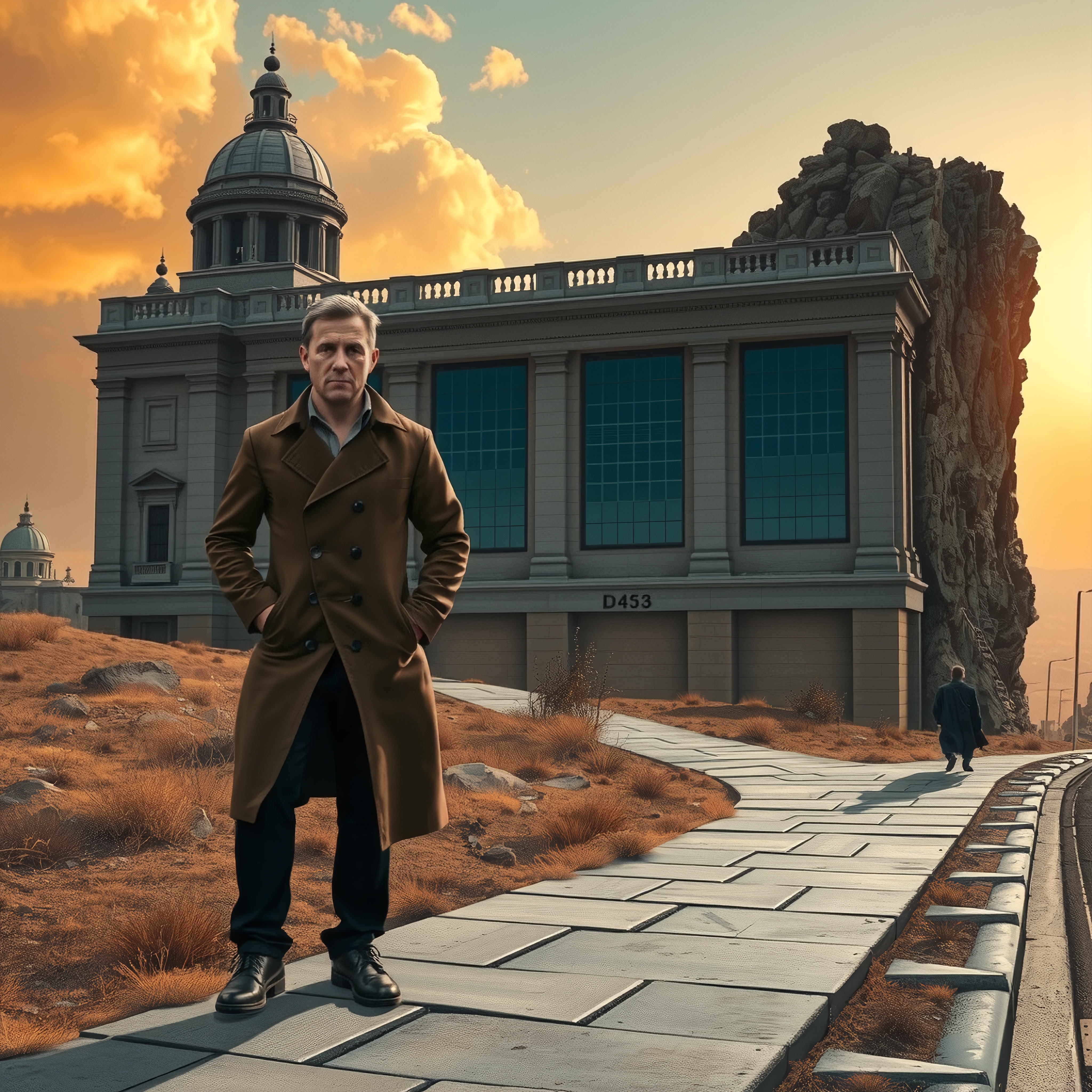 Man in coat near building
