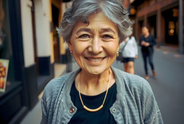Portrait of a smiling elderly woman in a city street setting, showcasing urban architecture and a friendly atmosphere.