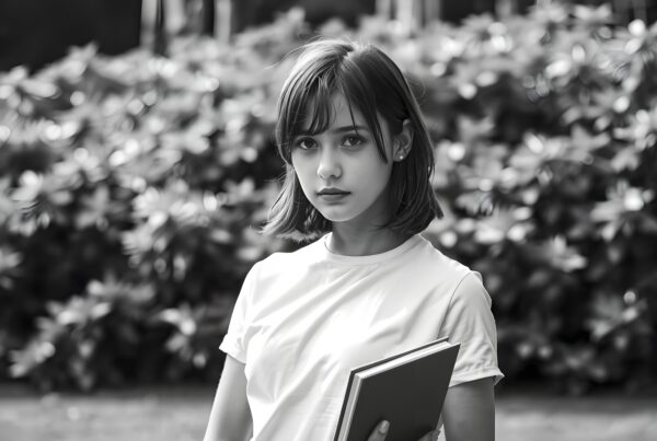 A young woman holding a book in a serene outdoor setting surrounded by lush greenery.