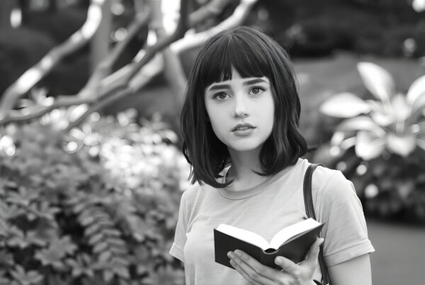 oung woman holding open book outdoors under natural lighting in grayscale photo