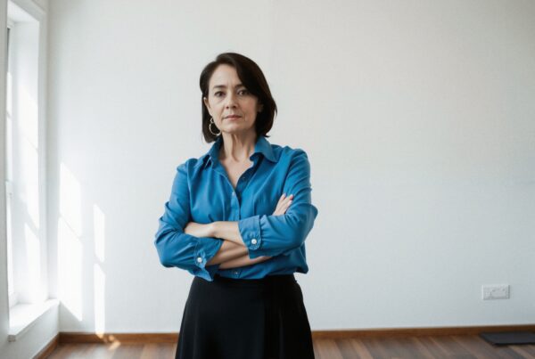 Confident woman in blue shirt standing in minimalist room with crossed arms.
