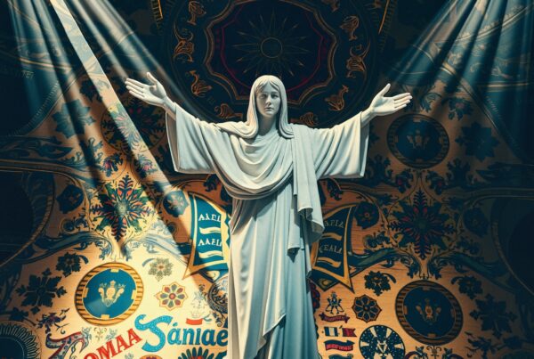 A robed statue with outstretched arms, bathed in divine light against an ornate patterned background, evoking spirituality.