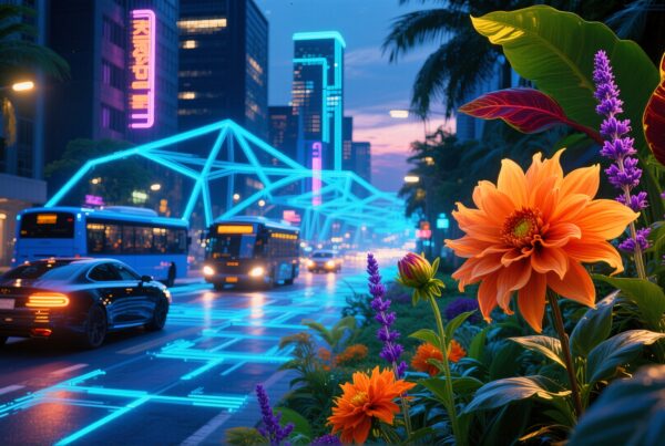 A futuristic city street at night with neon lights and vibrant flowers.