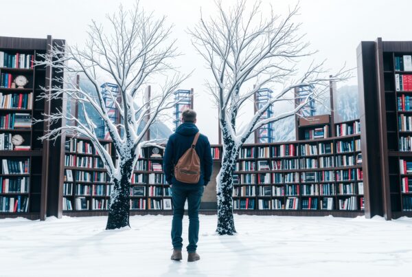 A person stands before snow-dusted library bookshelves in a serene winter landscape.