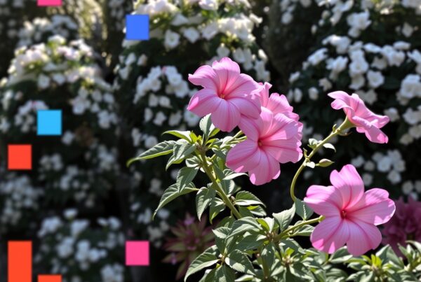 Pink flowers and abstract graphics in garden.