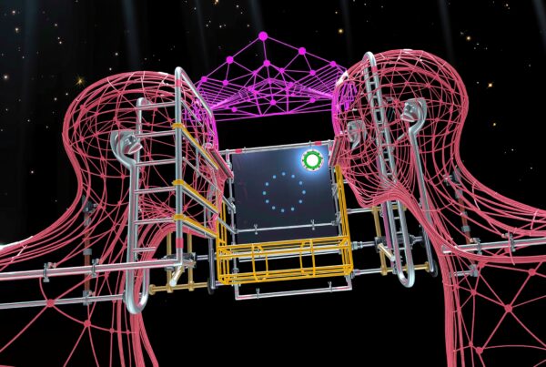 Two wireframe heads connected by digital network, depicting futuristic communication and technology in a cosmic setting.