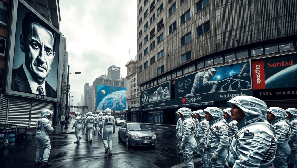 A group of astronauts walking through a futuristic city street with space-themed billboards and a large portrait.