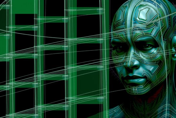 Futuristic humanoid with circuit patterns on face.