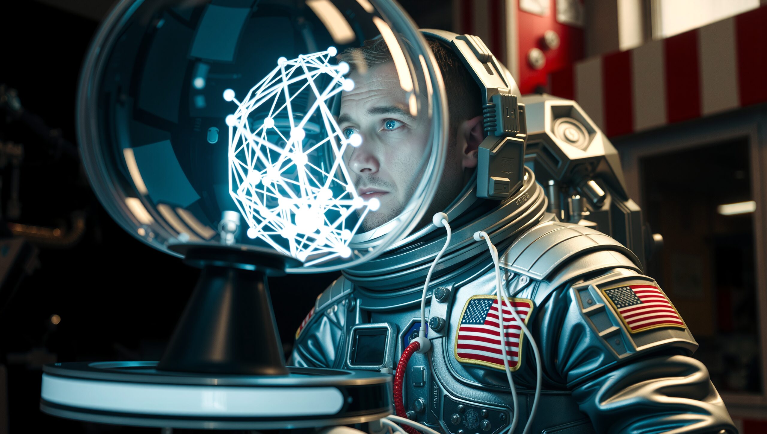 Futuristic Astronaut Analyzing Hologram