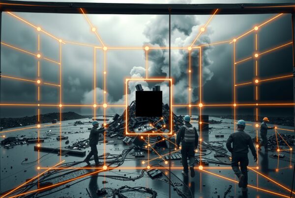 Workers inspect electronic waste under digital grid backdrop.