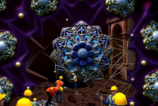 Surreal scene with workers and cosmic patterns.