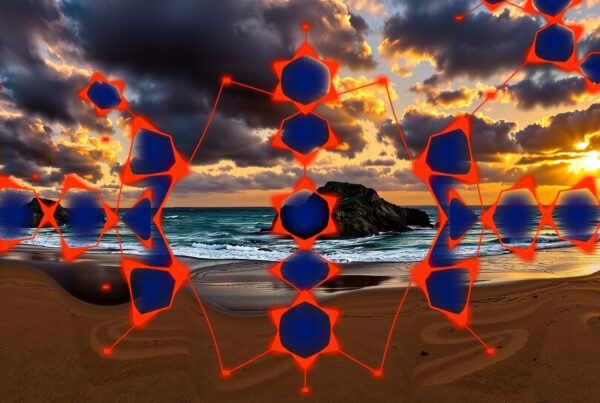 Sunset Beach With Glowing Geometric Network Overlay Art