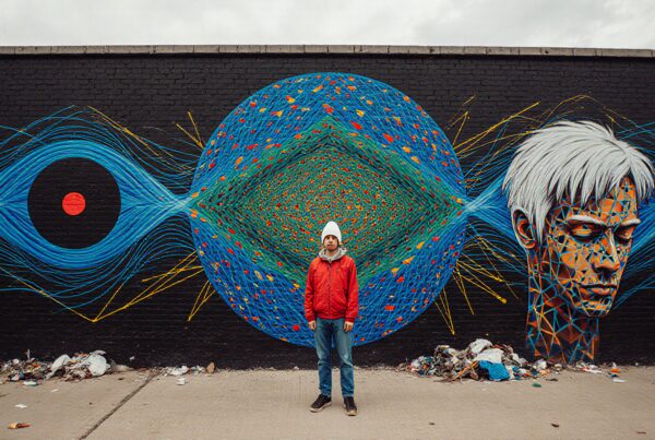 A person in front of a vibrant, geometric street mural on a brick wall with discarded materials on the ground.