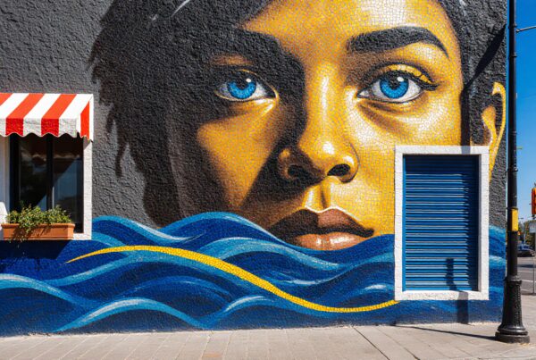 Colorful mural of blue-eyed face with abstract waves, blending into urban landscape with window and street elements.