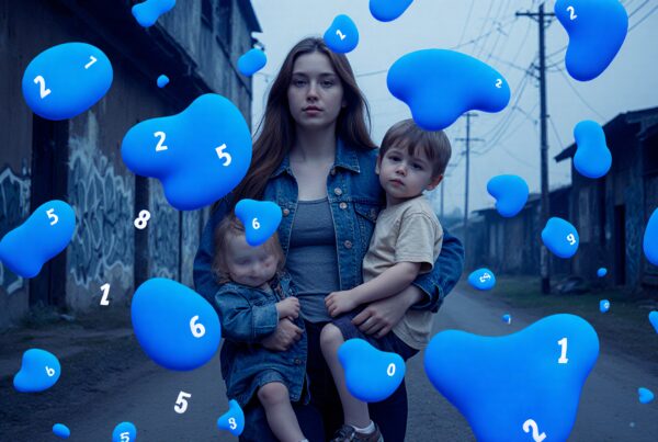 A woman holding children in an alley with blue abstract numbered shapes floating around, creating a surreal and dreamlike effect.