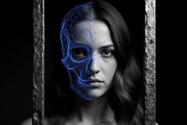 Grayscale portrait of a woman with digital skull overlay representing human-technology intersection.