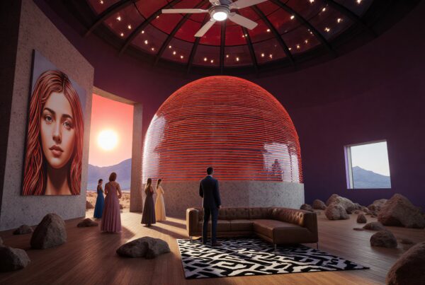 Futuristic interior with large glowing dome and sunset view.