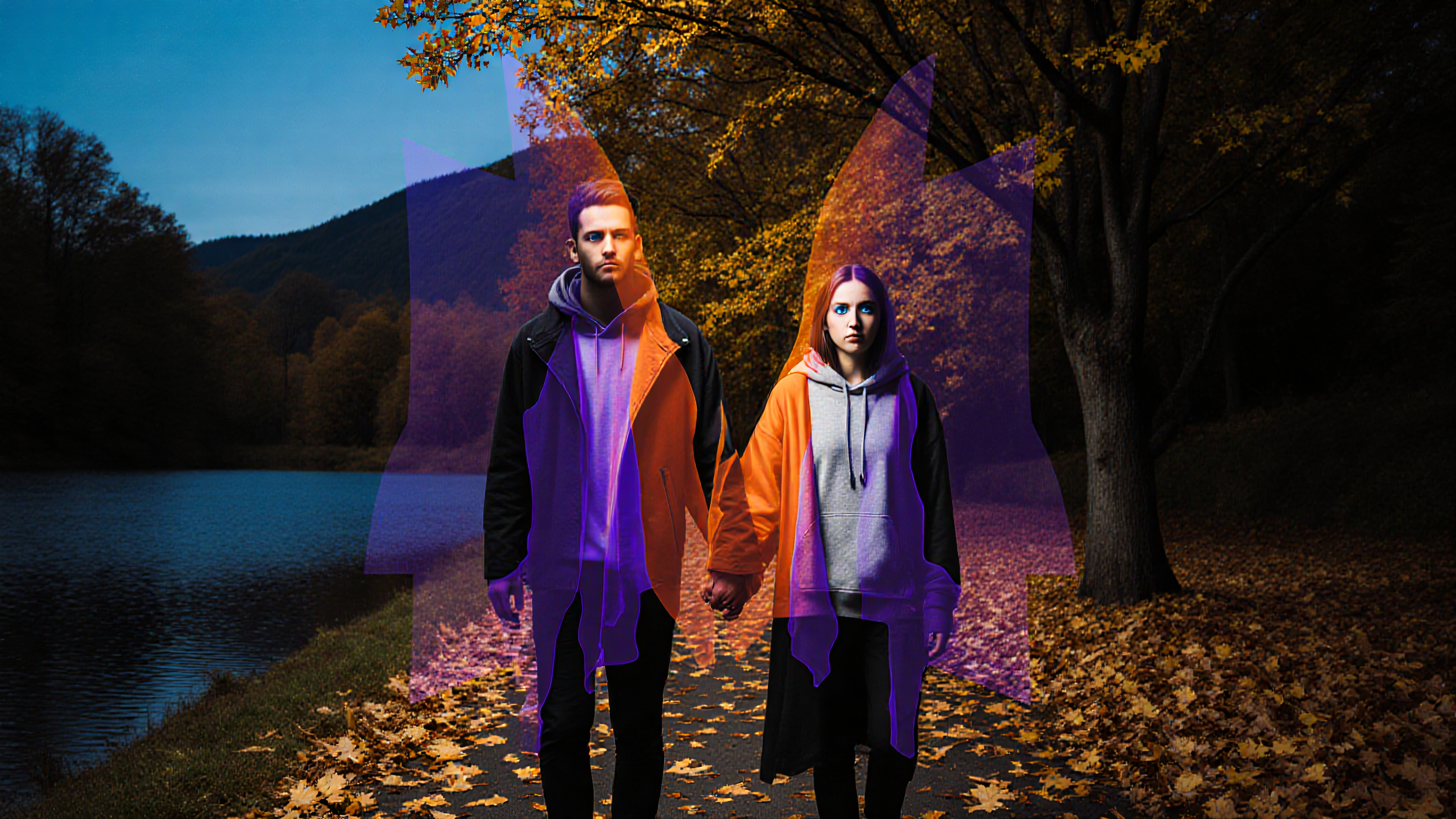 Autumn Couple Walk by Lake