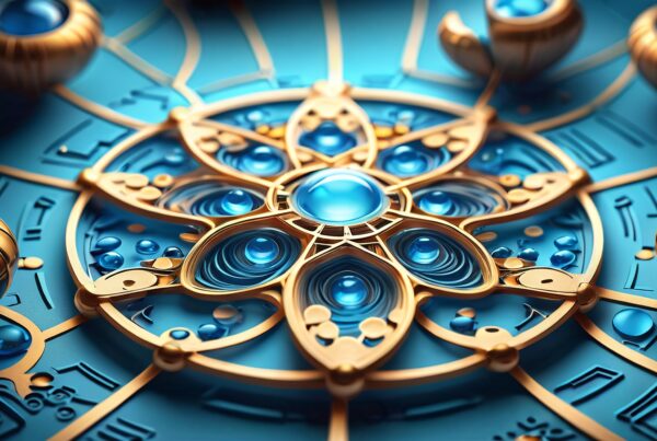 Intricate circular design in blue and gold featuring a central glossy blue gem surrounded by ornate patterns.