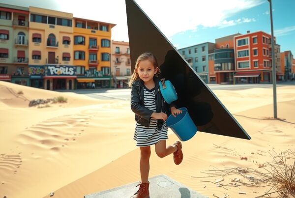 A young girl stands on a concrete block in a city covered by sand, holding a blue bucket.