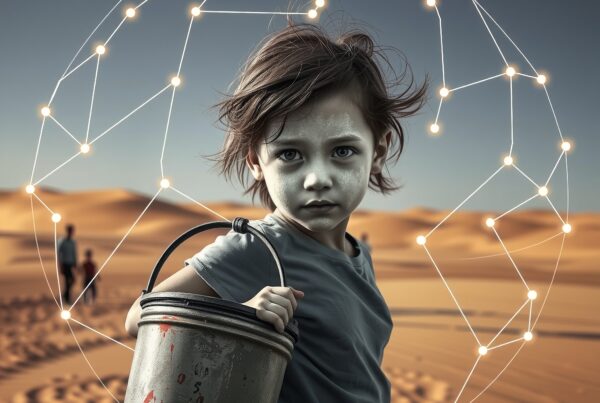 A child in a desert landscape holds a bucket surrounded by glowing lines, blending nature and technology.
