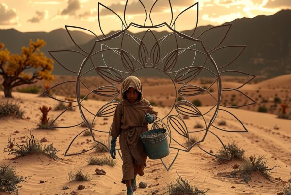 A young child carries a bucket across a desert, against a backdrop of mountains and an abstract lotus structure.