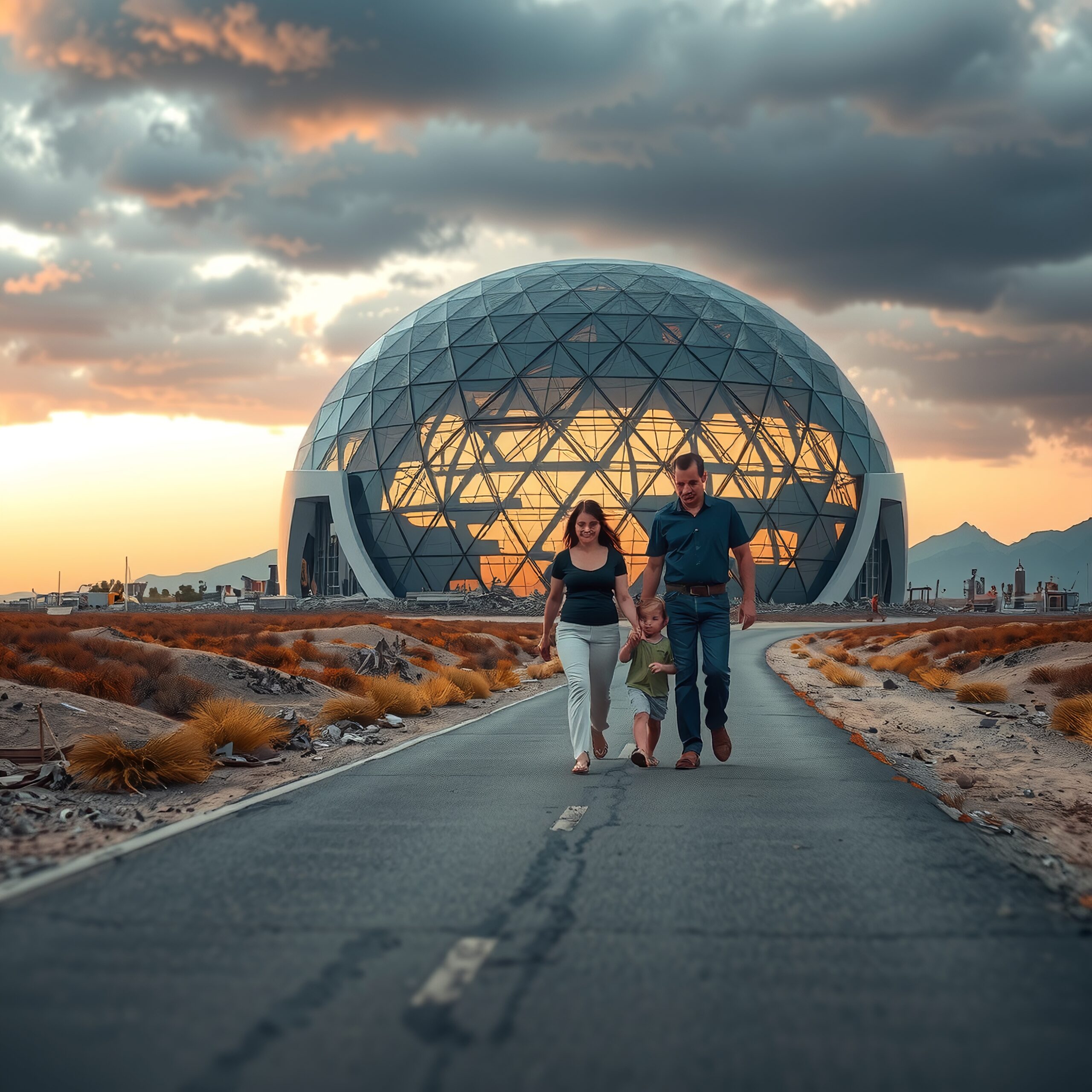 Family Walk Away From Futuristic Dome