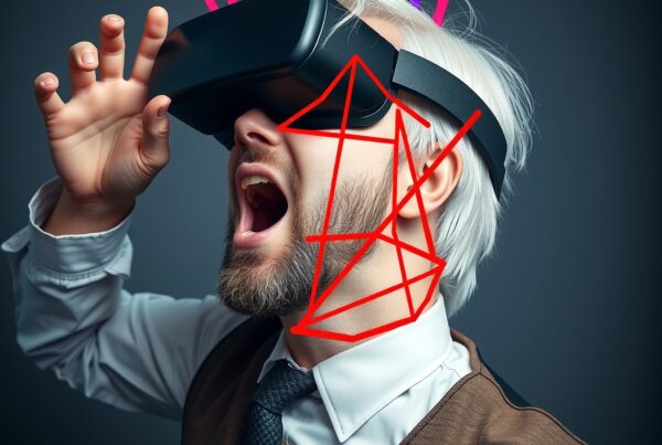 A man wearing a VR headset with colorful beams emerging and red geometric lines on his face reflects a futuristic virtual reality experience.