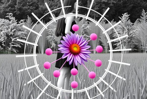 An artistic fusion of nature and molecular elements with a vibrant purple flower and abstract design surrounding a woman in a field.