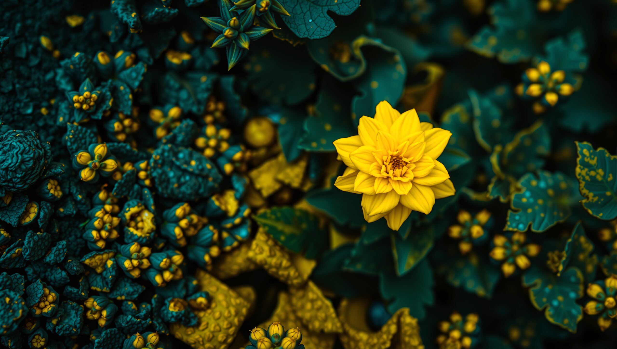 Bright Yellow Flower Amidst Teal