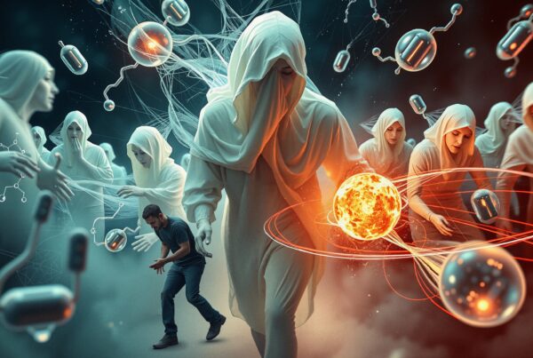 A surreal scene of hooded figures holding a glowing sphere, surrounded by capsules and molecules.